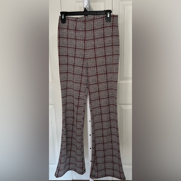 Self E Houndstooth Pull on Stretch Flare Pants Size Medium Black Gray Maroon - Picture 1 of 6